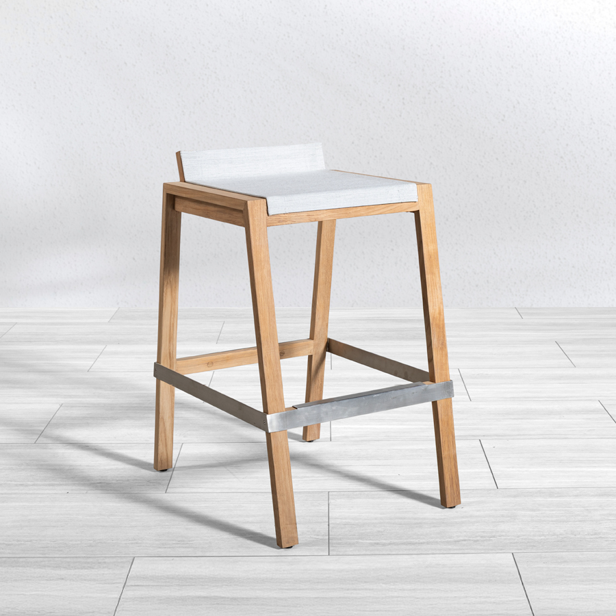 Summit teak + sling stacking barstool in Patina