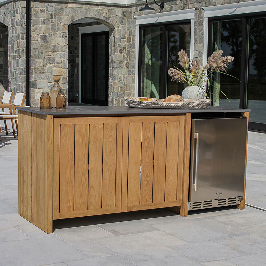 Cascade teak sideboard and beverage cooler cabinet - Grigio porcelain top