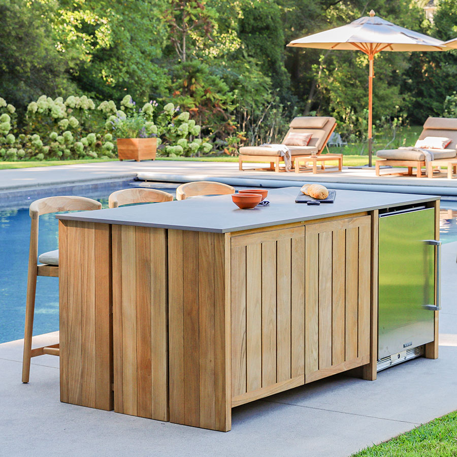 Cascade teak 3-seat island and beverage cooler cabinet - Grigio porcelain