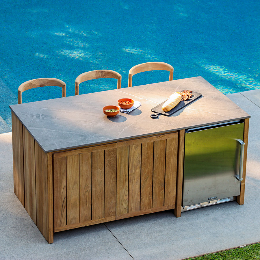 Cascade teak 3-seat island and beverage cooler cabinet - Grigio