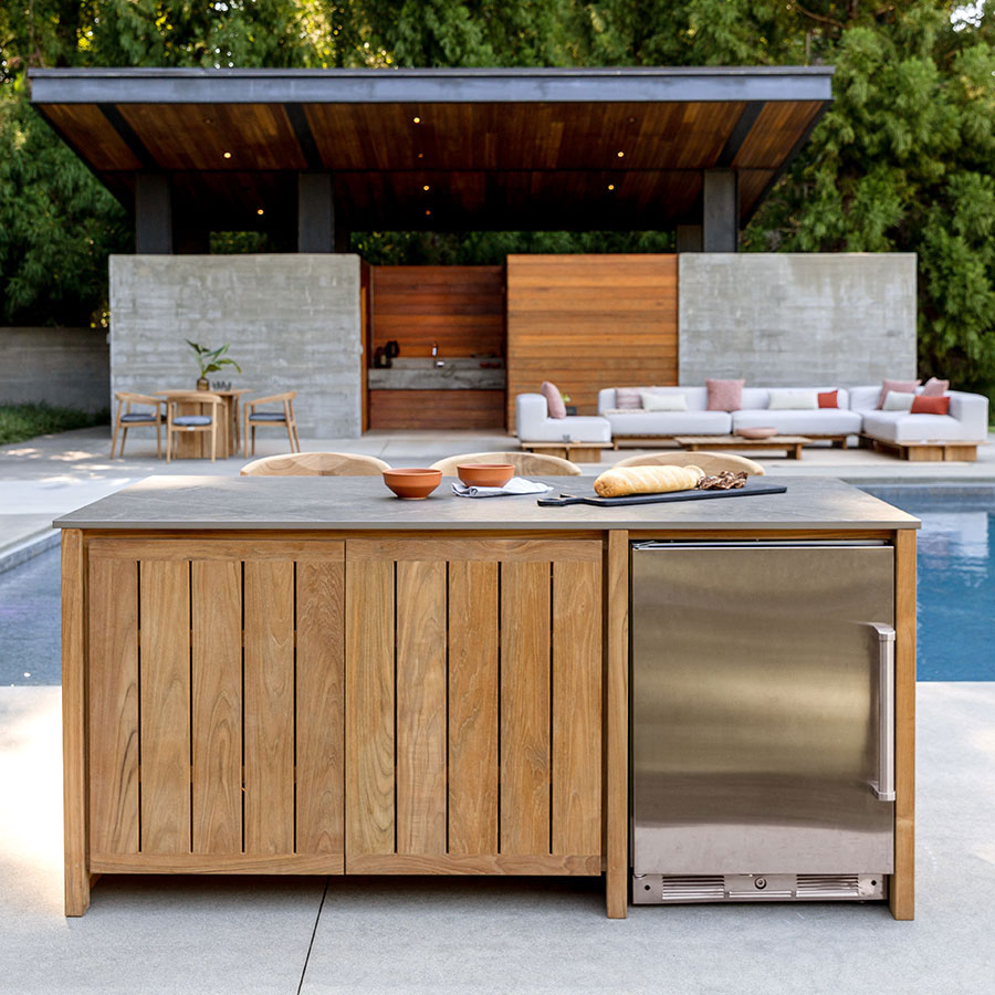Cascade teak 3-seat island and beverage cooler cabinet - Grigio porcelain