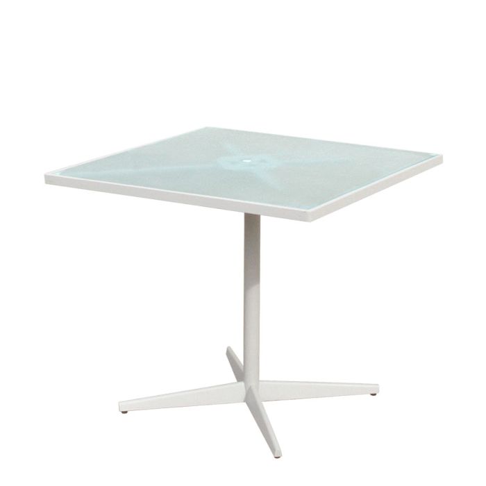 Ethos 36 in. square glass + steel dining table