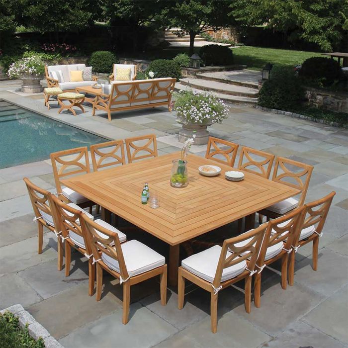 Teak Outdoor Dining Table For 10 To 12, Square Breakfast Table With Bench