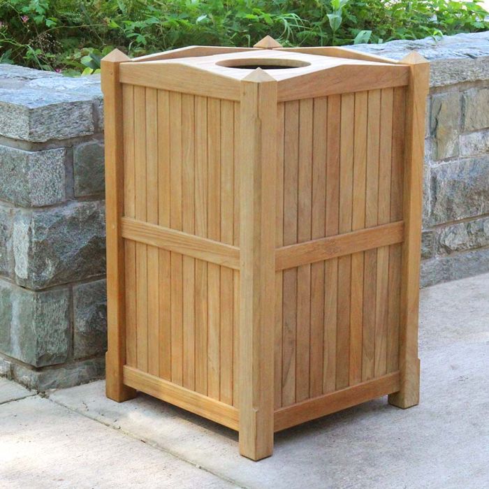 Teak Outdoor Garbage Can - Pyramid Square Receptacle w/ Trash Lid