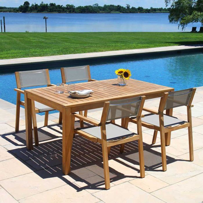 Summit Teak Outdoor Dining Table With, Outdoor Table With Umbrella Hole And Chairs