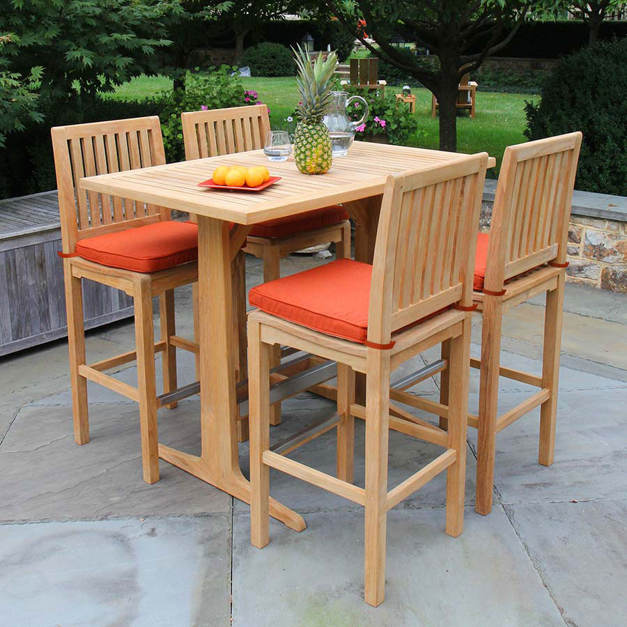 Foxhall rectangular table with teak top shown with teak bar stools