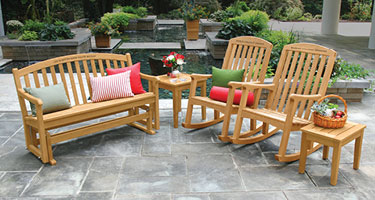 Engraved Teak Benches and Rocking Chairs