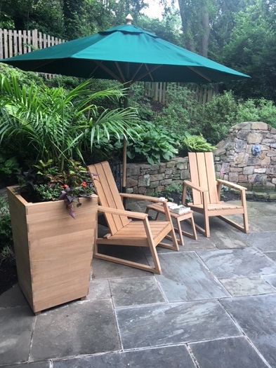 Country Casual Teak Aspen Adirondack Chairs and Studio Planters